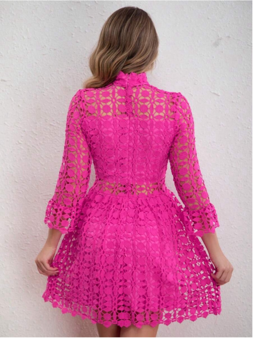 Eilly Bazar Women's Elegant Stand Collar Lace Hollow-Out Hot Pink Dress - Picture 12 of 12